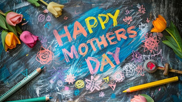 Photo bright childrens crayon artwork with the words happy mothers day and happy feelings