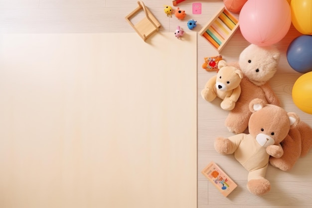 Bright childrens playroom featuring a large blank canvas surrounded by soft toys and wooden toys