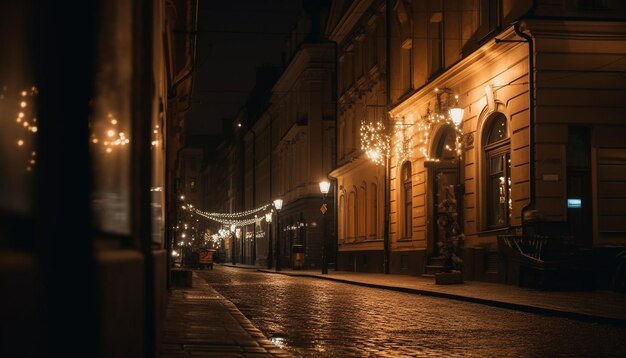 Bright city lights illuminate old architecture at dusk generated by AI