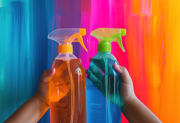 Bright cleaning items gloves and spray bottle on a colorful background