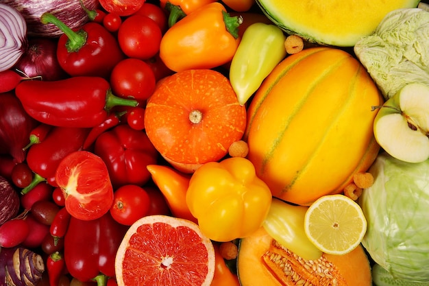 Bright closeup background of fruit and vegetables