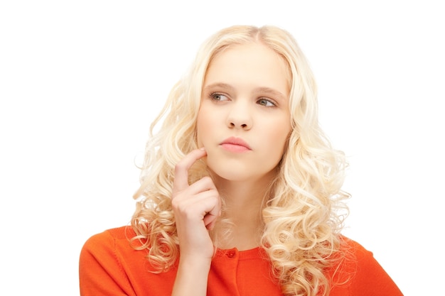 bright closeup picture of beautiful pensive woman