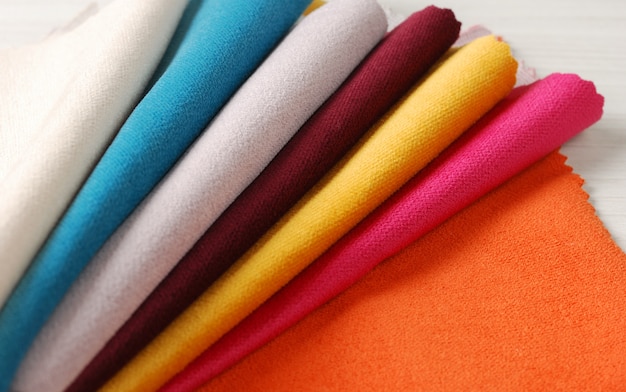 Bright collection of colorful velour textile samples