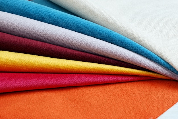 Bright collection of colorful velour textile samples