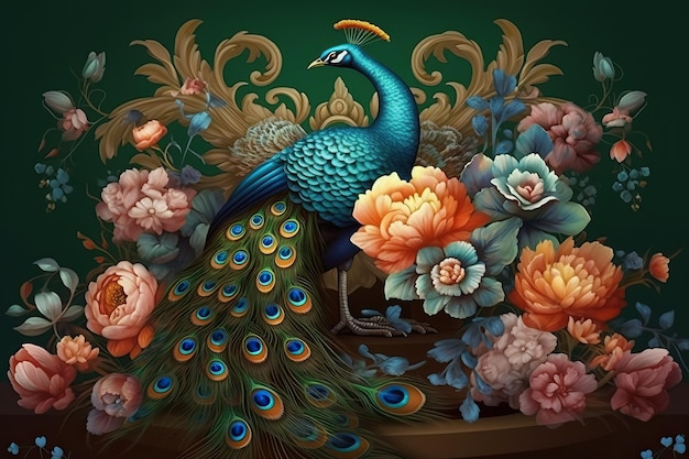 bright color floral exotic oriental pattern flowers peacocks background interior mural wallart decor