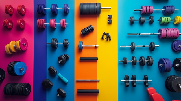 Photo bright colored abstract gym equipment overhead shot with rows of dumbbells