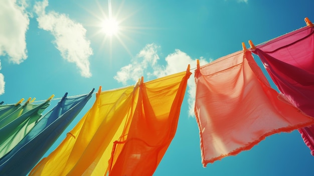 Photo bright colored clothes are drying on clothesline against blue sunny sky laundry day generative ai