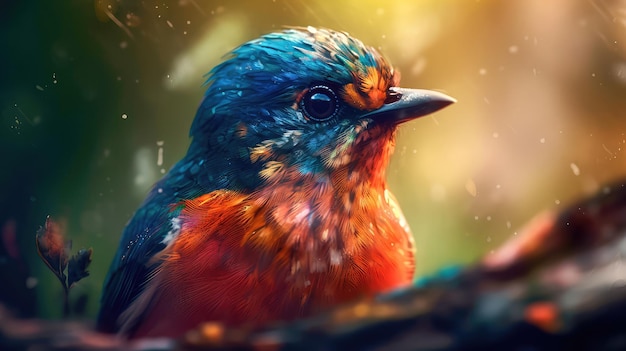 Bright colorful abstraction with the image of a bird on a forest background Generative AI