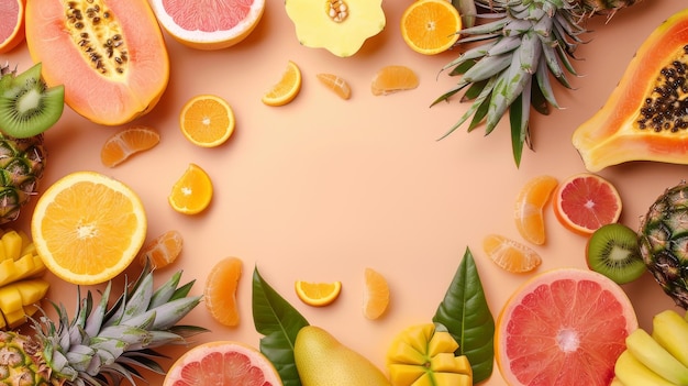 Bright and colorful assortment of fresh tropical fruits on a pastel background