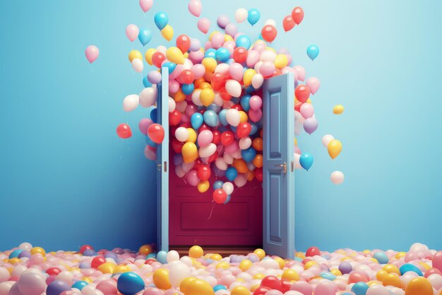 Bright colorful balloons flying through an open door