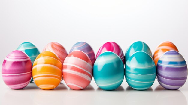 Bright colorful beautiful glossy watercolor striped painting set of easter eggs on white