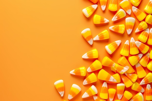 Bright and colorful candy corn pieces scattered on a vibrant orange background