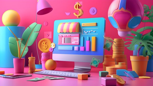 Photo bright colorful cartoon depicting dynamic online financial transactions