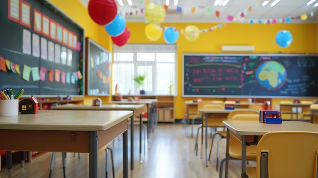 Bright and colorful classroom with empty desks and chairs The walls are painted yellow