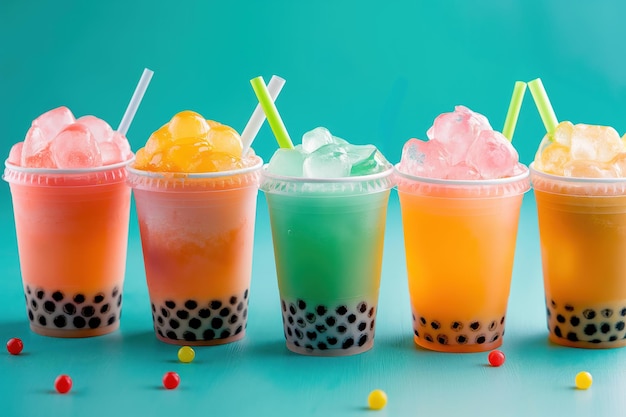 Photo bright colorful cups of bubble tea on turquoise background fashionable soft drinks with different