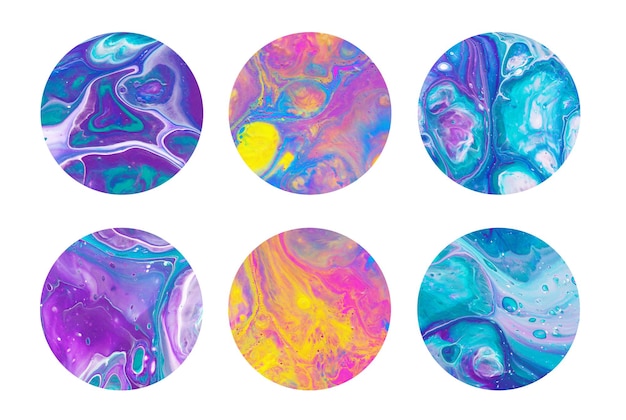 Bright colorful fluid acrylic circles set Purple pink turquoise yellow blue round geometric shapes on white background Oil marble stains abstract texture Template for your design