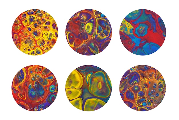 Bright colorful fluid acrylic circles set Yellow red purple blue green round geometric shapes on white background Oil marble stains on paper texture Abstract art Template for your design