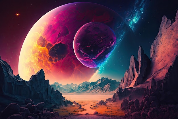 Bright colorful landscape of planet against backdrop of stars in cosmos futuristic virtual world