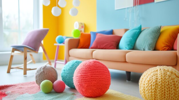 Photo bright and colorful living room interior with sofa rug and yarn balls home decor in trendy colors of the year modern and cozy home interior design