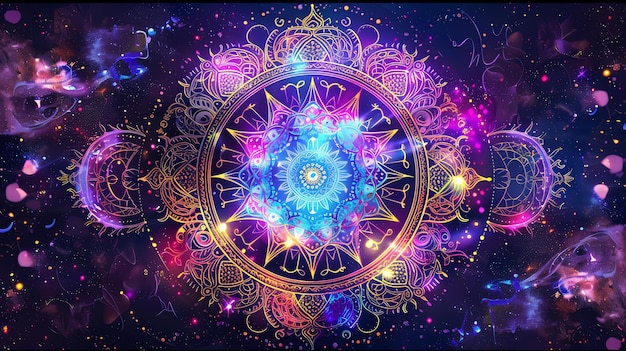 A bright colorful mandala with intricate patterns and glowing lights set against a dark galaxy background