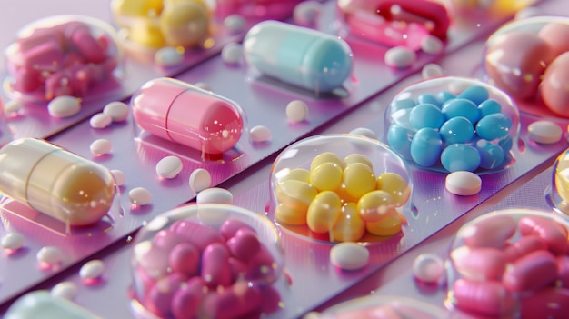 Bright colorful medical pills in blisters