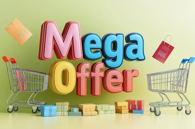 Bright colorful Mega Offer text with shopping carts symbolizing big discount sale and promotional marketing campaign