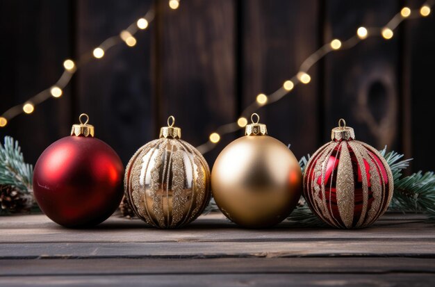 Bright colorful multicolored Christmas decorations on a wooden table