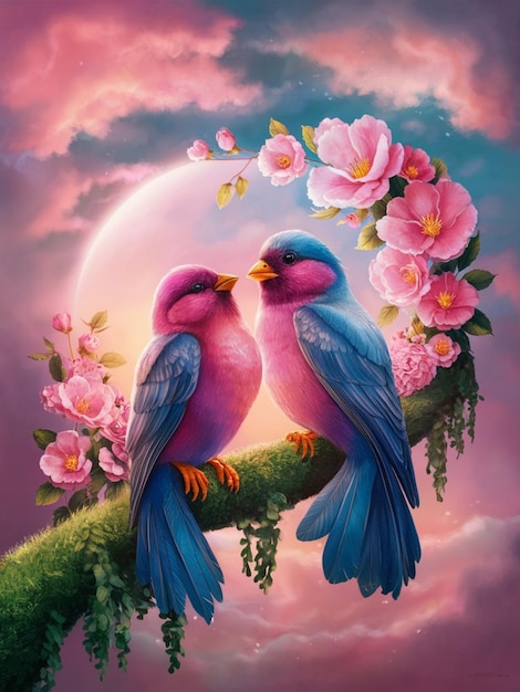 Bright colorful pair of blue birds sitting on a blooming branch with pink flowers Generative AI