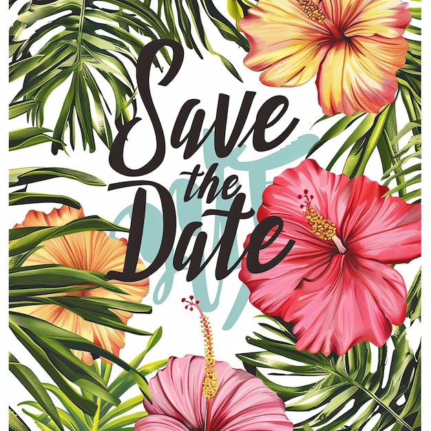 Bright and colorful Save the Date invitation featuring tropical floral design