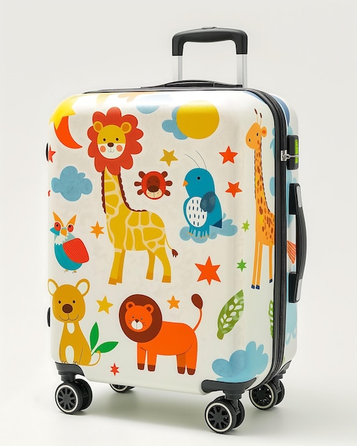 A bright and colorful suitcase for children isolated on a white background