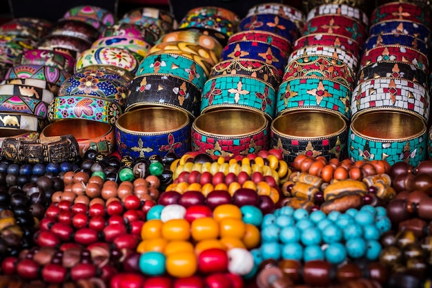 Bright colorful Tibetan traditional bracelets for sale on the market in Leh, Ladakh, India