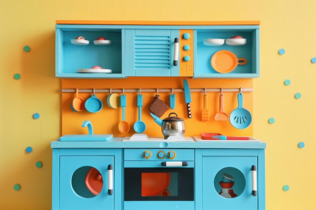 Photo bright and colorful toy kitchen set against a yellow wall with playful decor and utensils arranged