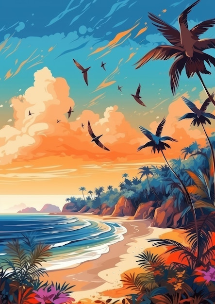 Bright colorful tropical illustration of the sand beach with palm trees flowers ocean Ai generated