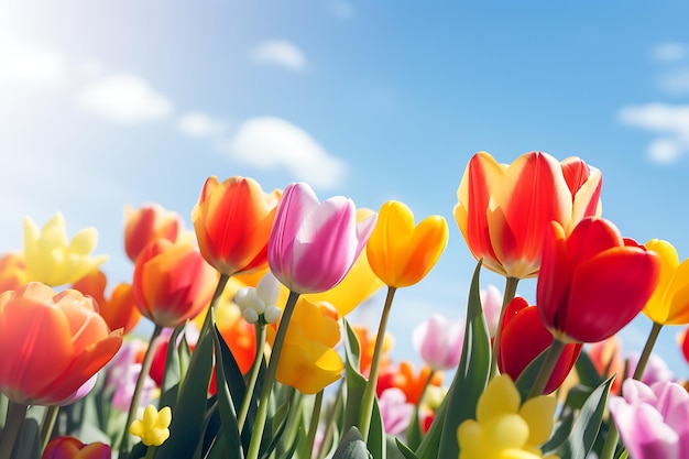 Bright colorful tulips on a windy spring day