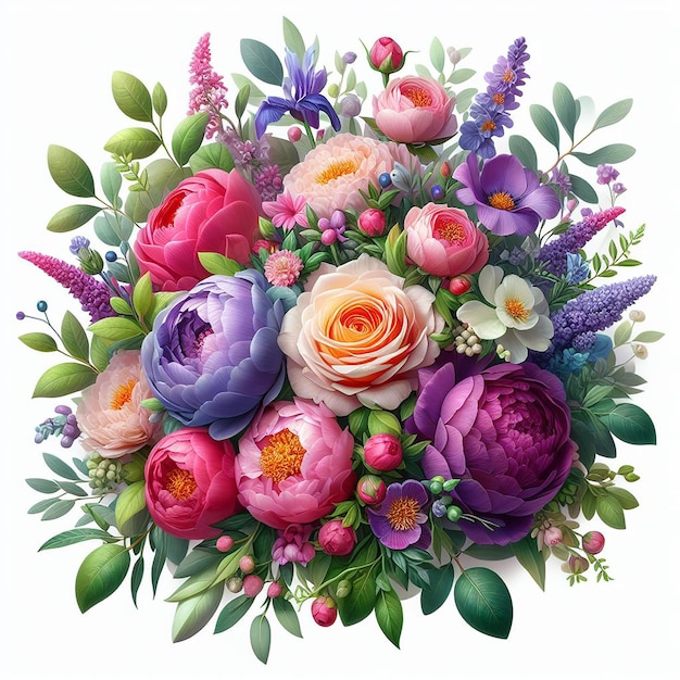 bright colorful various flowers including roses peonies purple and green leaves