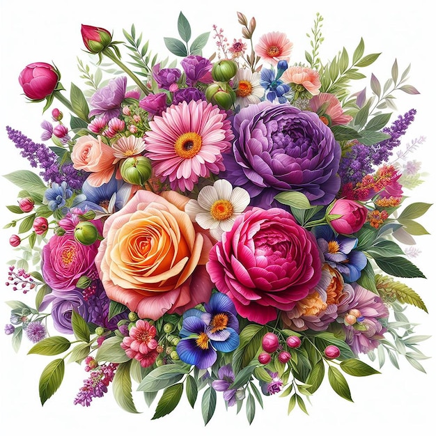 bright colorful various flowers including roses peonies purple and green leaves