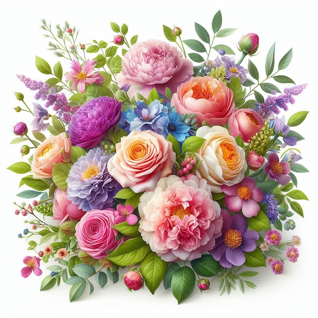 bright colorful various flowers including roses peonies purple and green leaves