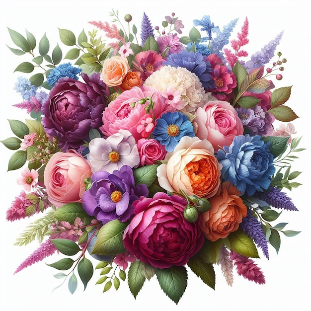 bright colorful various flowers including roses peonies purple and green leaves