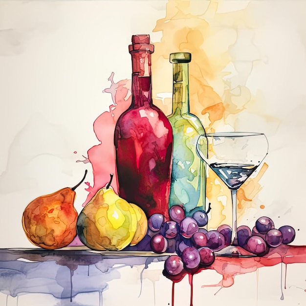 Bright colorful watercolor illustration of a glass of wine and a bottles with grapes and pears