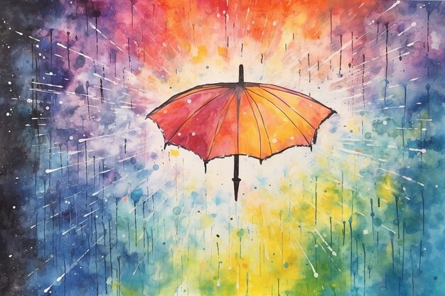 Photo bright and colorful watercolor umbrella in a rainy atmosphere