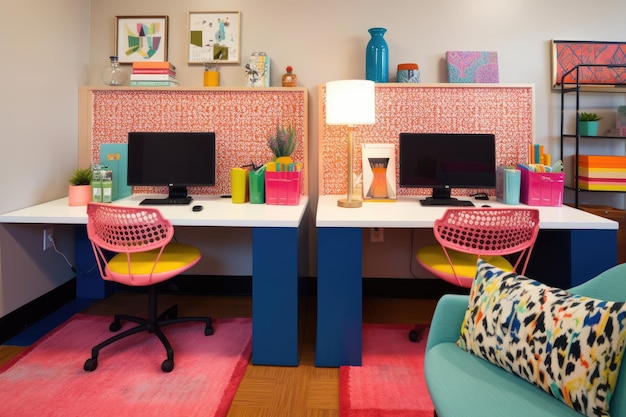 Bright and colorful workspace featuring pops of bold colors and patterns on desks chairs and accents