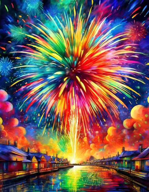 Bright colors exploding in vibrant firework display