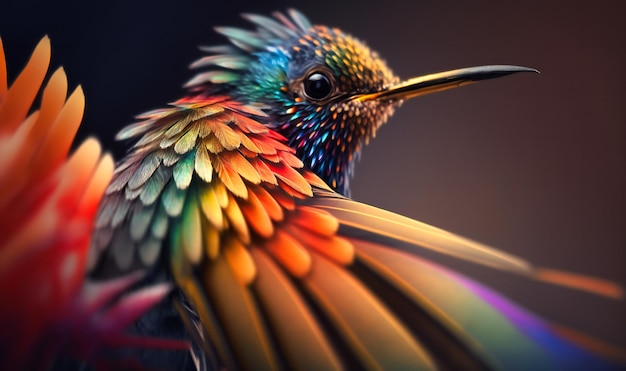 The bright colors of a hummingbird's feathers as it hovers near a flower