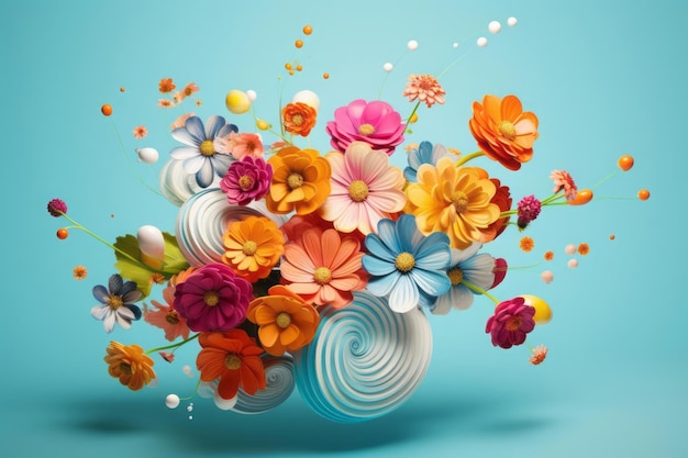 Bright composition of floating flowers on a pastel background