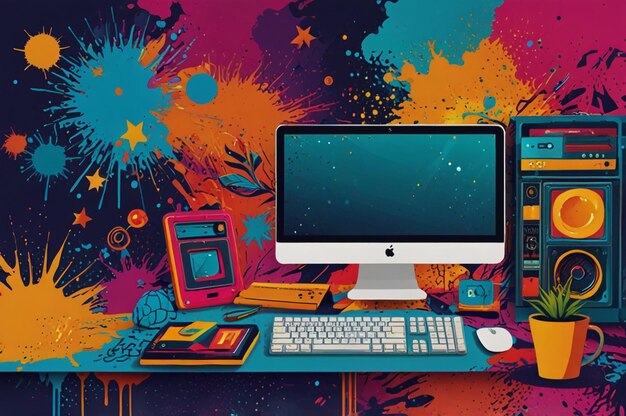 Bright Computer Wallpaper with Fun Illustrations and Energetic Patterns