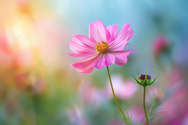 Bright cosmos flower in peaceful field