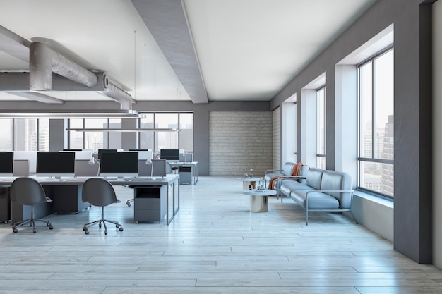 Bright coworking office interior with wooden flooring furniture window with city view and daylight 3D Rendering