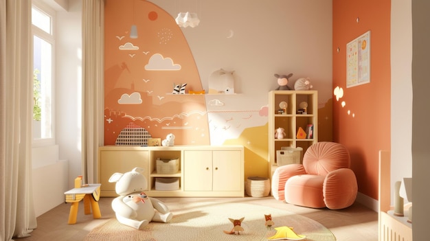 Bright and cozy childrens room with soft pastel decor and playful design elements