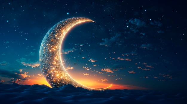 The bright crescent moon on the night sky Generative AI