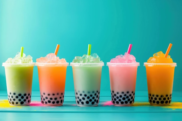 Photo bright cups of bubble tea on turquoise background fashionable soft drinks in different tastes